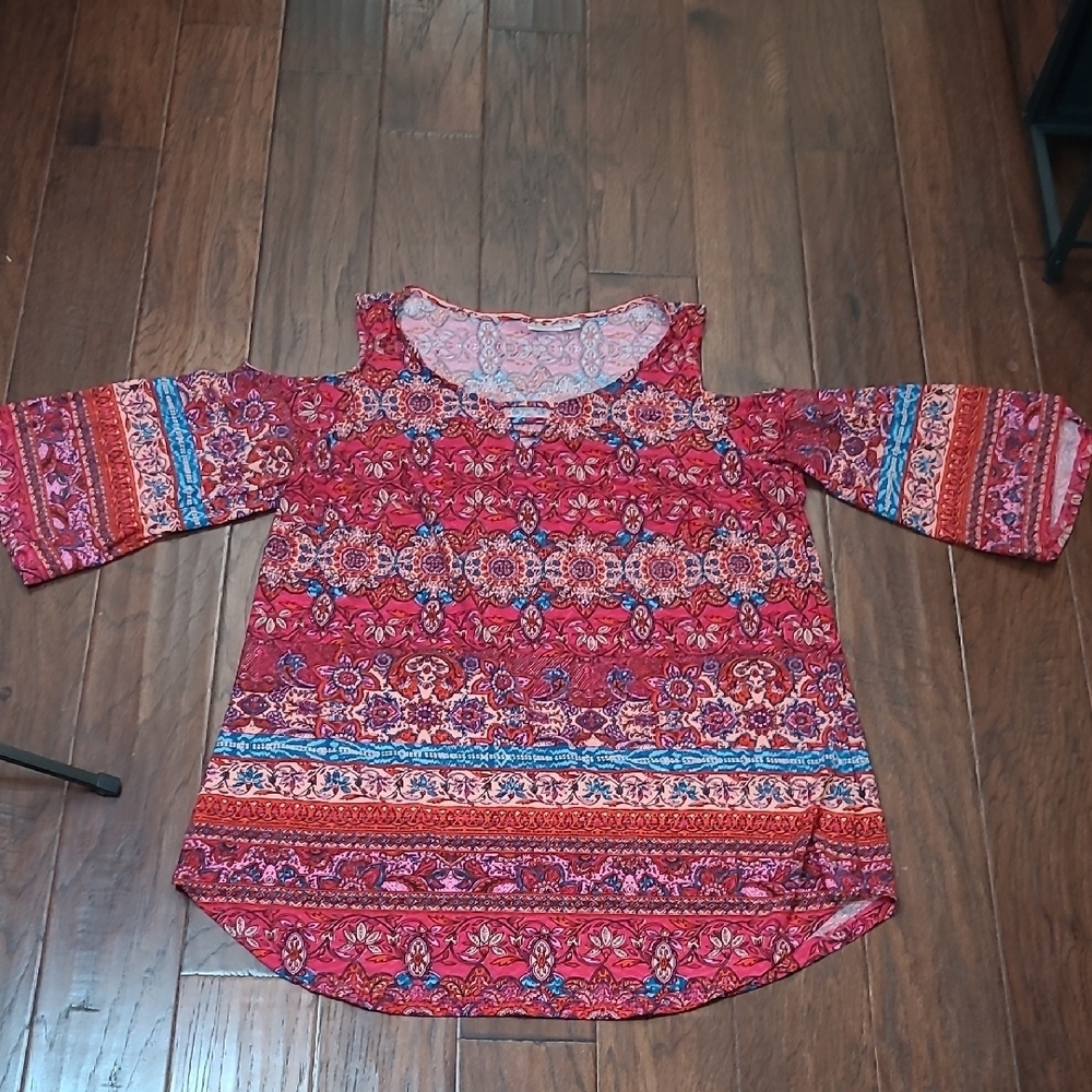 Avenue Dark Pink Bohemian Abstract  Cold-Shoulder Tunic Blouse size 20